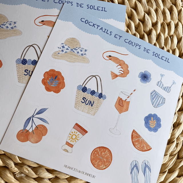 Planche de 13 stickers – Collection “Cocktails & coups de soleil” – Illustrations aquarelle