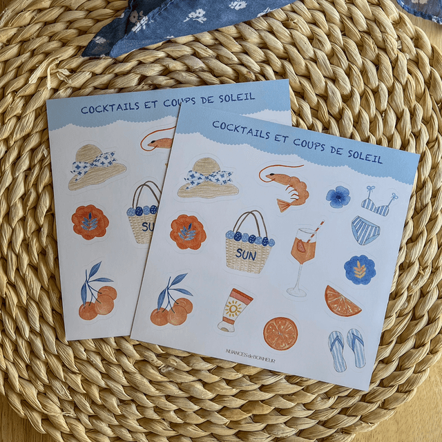 Planche de 13 stickers – Collection “Cocktails & coups de soleil” – Illustrations aquarelle