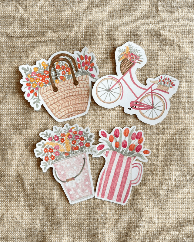 Lot de 4 stickers floraux – Panier fleuri, sceau fleuri, vélo fleuri, vase tulipes