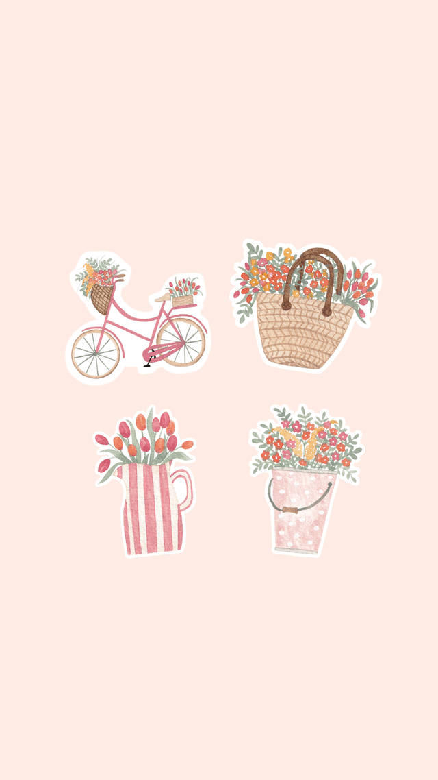Lot de 4 stickers floraux – Panier fleuri, sceau fleuri, vélo fleuri, vase tulipes