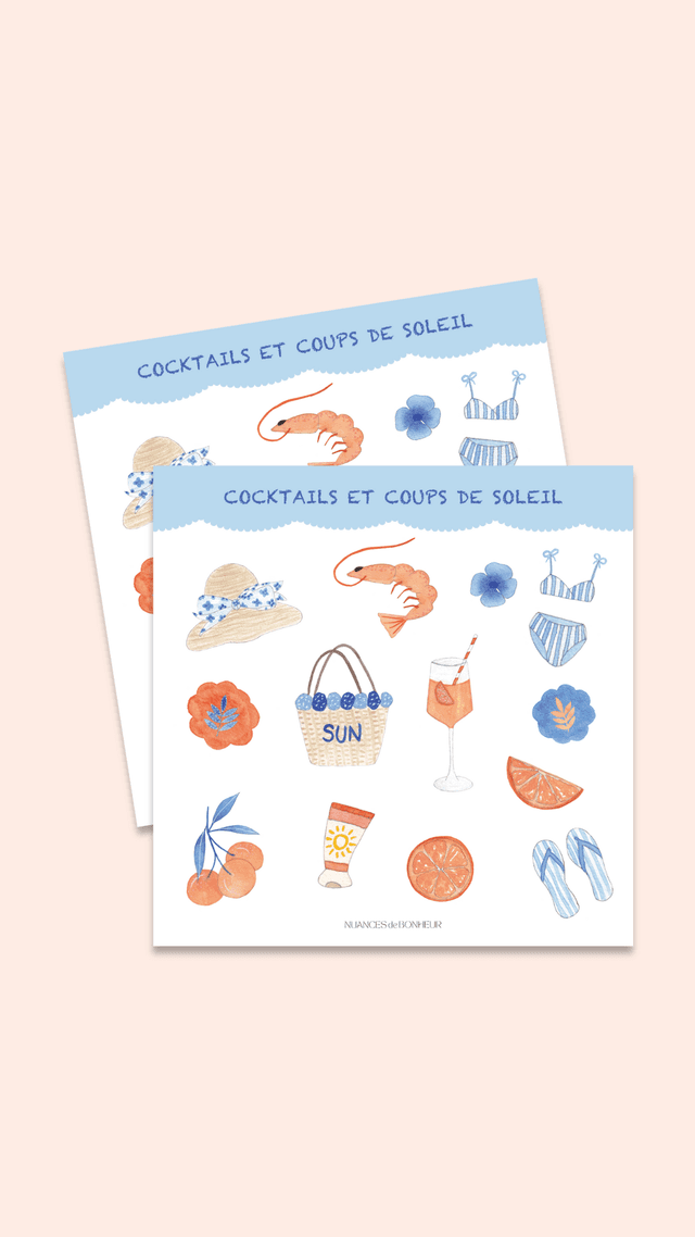 Planche de 13 stickers – Collection “Cocktails &amp; coups de soleil” – Illustrations aquarelle